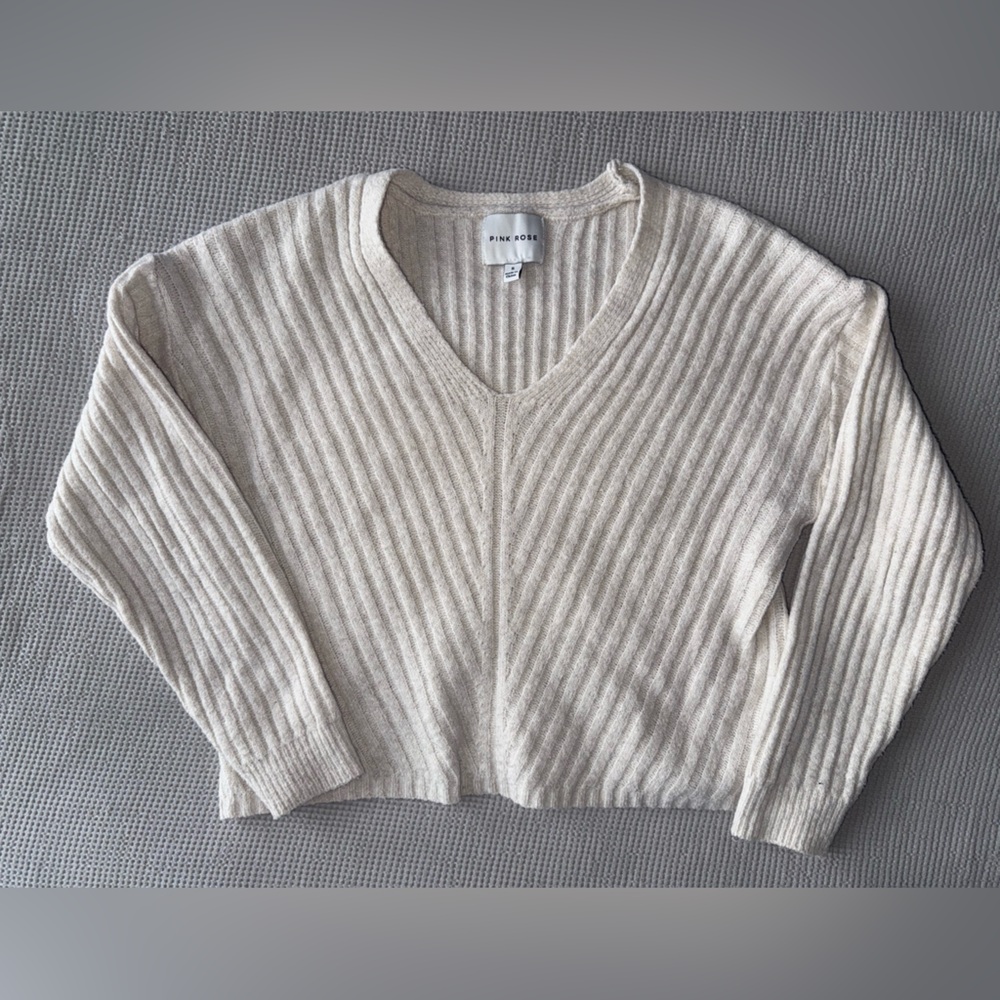 Pink Rose Cream V-Neck Sweater